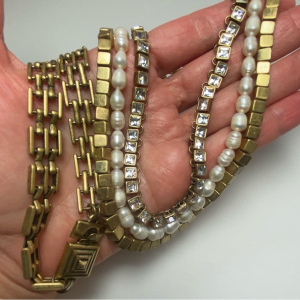 Ann Taylor Vintage Long Panther Chain Faux Pearl Rhinestone Antique Gold Tone - Picture 2 of 12